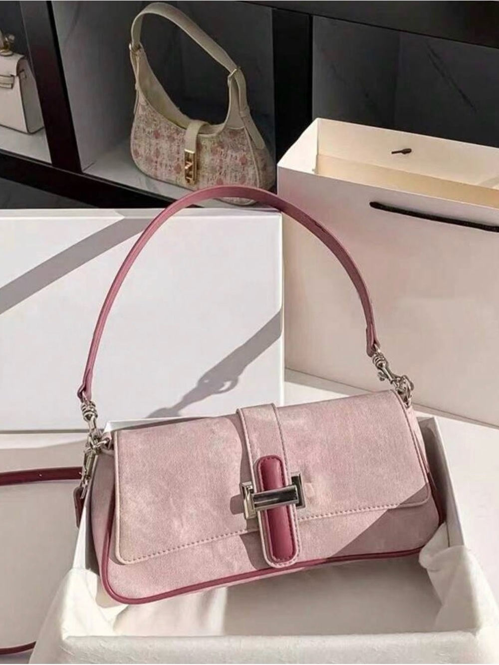 Elegant Pink Shoulder Bag with Silver Hardware